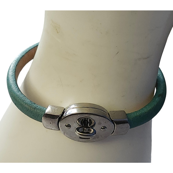 Vtg Fossil Iconic Green Leather Kiss Lock Bracelet - Picture 4 of 7